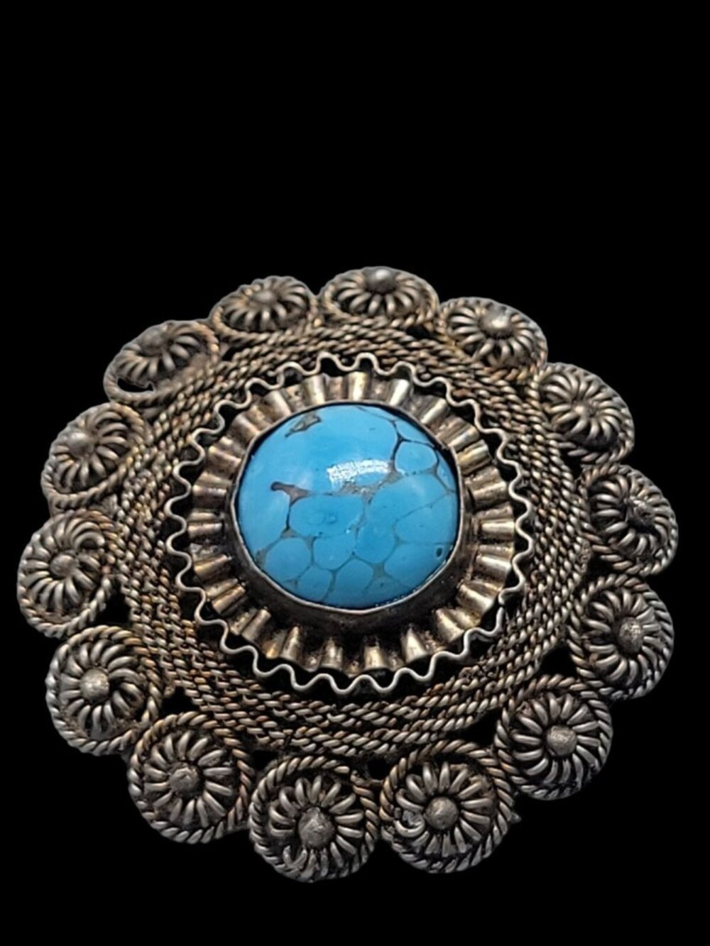 Faux Turquoise Silver Plated Brooch Pendant Blue Glass Filigree Setting Vintage - Picture 6 of 16